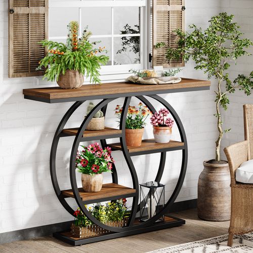 Table Console Industrielle à 4 Étages, 120 X 30 Cm, Avec Base Circulaire