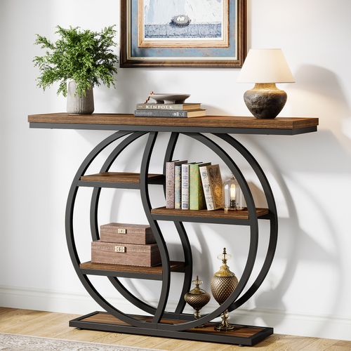 Table Console Industrielle à 4 Étages, 120 X 30 Cm, Avec Base Circulaire