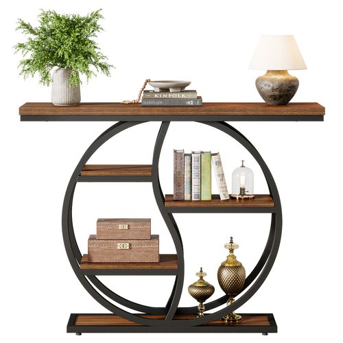 Table Console Industrielle à 4 Étages, 120 X 30 Cm, Avec Base Circulaire