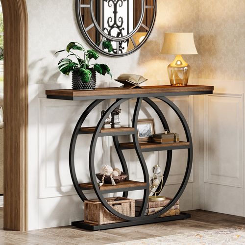 Table Console Industrielle à 4 Étages, 120 X 30 Cm, Avec Base Circulaire