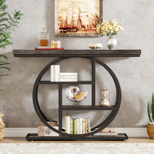 Console De Style Industriel De 105 Cm, à 4 Niveaux Avec Base Circulaire (noir)
