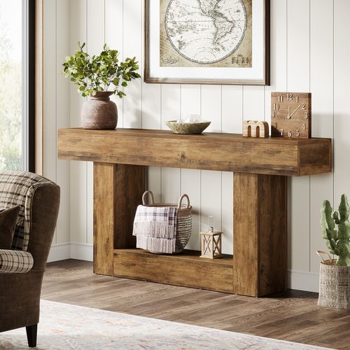 Table Console De 160 Cm De Long, Table D'entrée à 2 Étages, Table Basse Avec Espace De Rangement