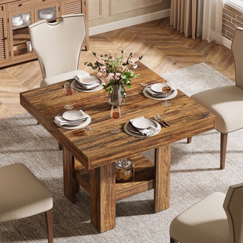 Table De Salle à Manger Carrée Pour 4 Personnes, Petite Table De Cuisine Avec Étagère De Rangement