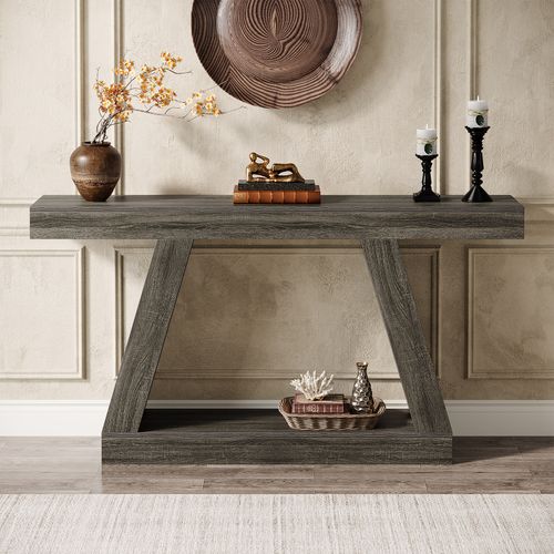 Console Rustique De 140 Cm Avec Rangement, Idéale Pour Une Entrée, Un Couloir Ou Un Salon, Grise.