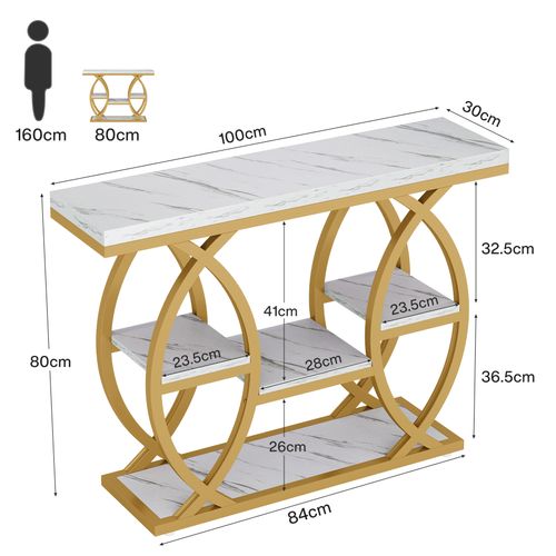 Table D'entrée à 4 Niveaux Avec Étagères De Rangement, Table D'appoint Étroite Blanche Et Dorée