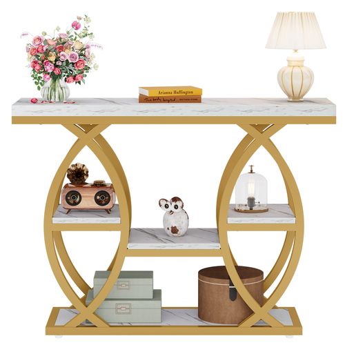 Table D'entrée à 4 Niveaux Avec Étagères De Rangement, Table D'appoint Étroite Blanche Et Dorée