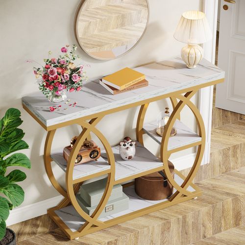 Table D'entrée à 4 Niveaux Avec Étagères De Rangement, Table D'appoint Étroite Blanche Et Dorée