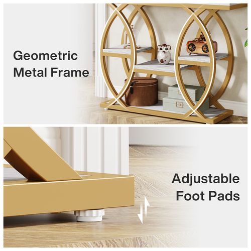 Table D'entrée à 4 Niveaux Avec Étagères De Rangement, Table D'appoint Étroite Blanche Et Dorée