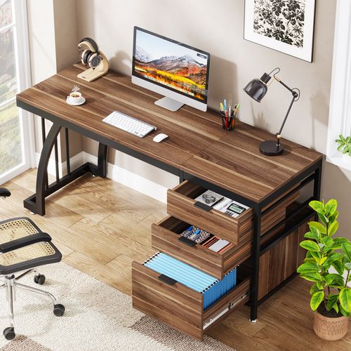 Bureau D'ordinateur à 3 Tiroirs, Bureau Industriel Pour PC, Table De Travail Avec Rangement