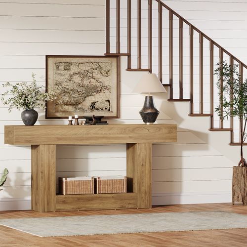 Console 160cm, Table D'entrée à Deux Niveaux De Style Campagnard, Table D'appoint Derrière Le Canapé