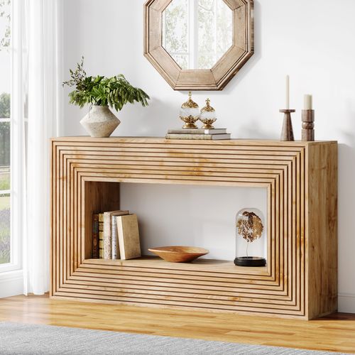 Console De 150 Cm, Table D'entrée Cannelée De Style Campagnard Avec Rangement, Table Basse De Canapé