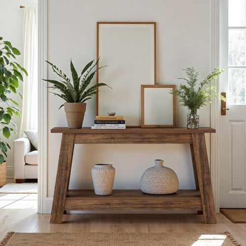 Console De Style Campagnard De 105 Cm, Table D'entrée à 2 Niveaux Avec Rangement