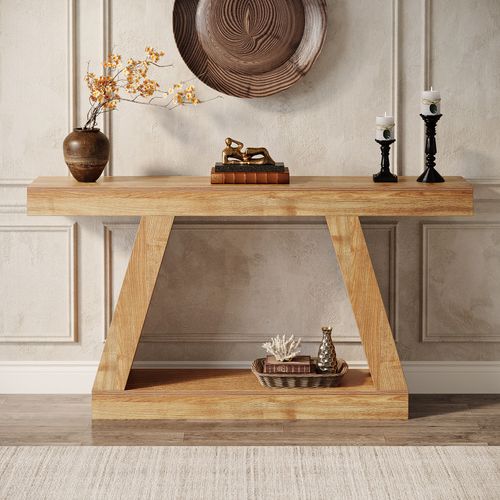 Console De Style Campagnard, Table Basse Rustique De 140 Cm Avec Rangement, Marron Naturel