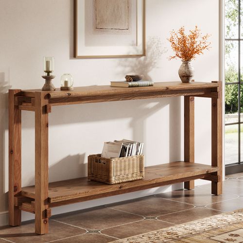 Console En Bois Massif De 160 Cm, Table D'entrée De Style Campagnard à 2 Niveaux Avec Rangement