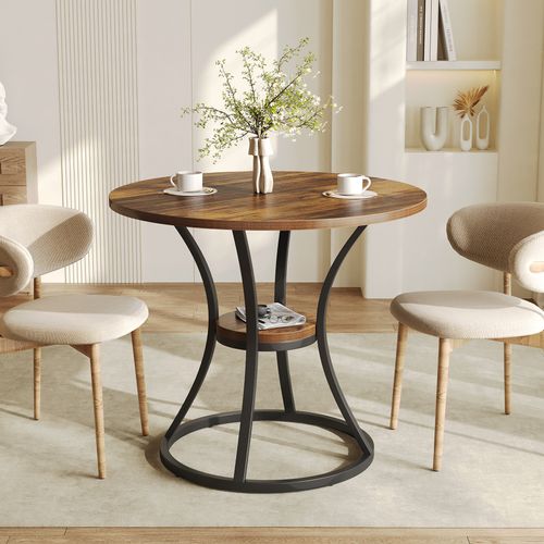 Table De Salle à Manger Ronde Pour 4 Personnes, Table Ronde Avec Étagère De Rangement, 2 Niveaux