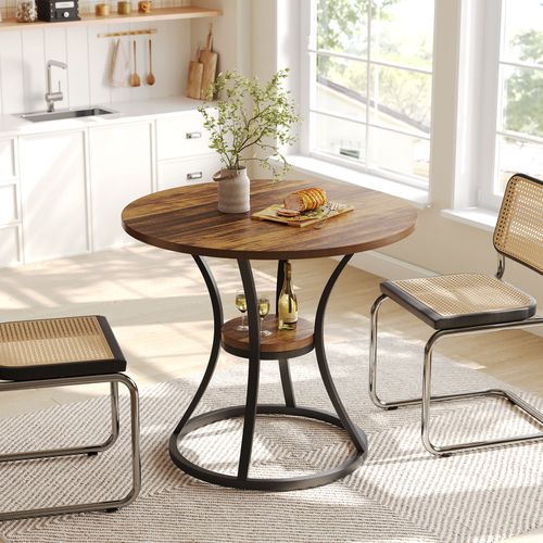 Table De Salle à Manger Ronde Pour 4 Personnes, Table Ronde Avec Étagère De Rangement, 2 Niveaux