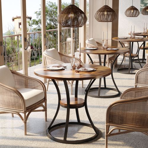 Table De Salle à Manger Ronde Pour 4 Personnes, Table Ronde Avec Étagère De Rangement, 2 Niveaux