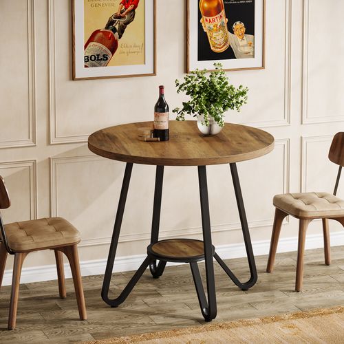 Table De Salle à Manger Ronde Avec Double Étagère, Petite Table De Cuisine Pour 2 Personnes
