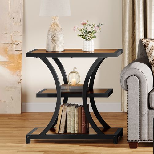 Table D'appoint Avec Rangement, Table Basse à 3 Niveaux Avec Design Géométrique En Métal