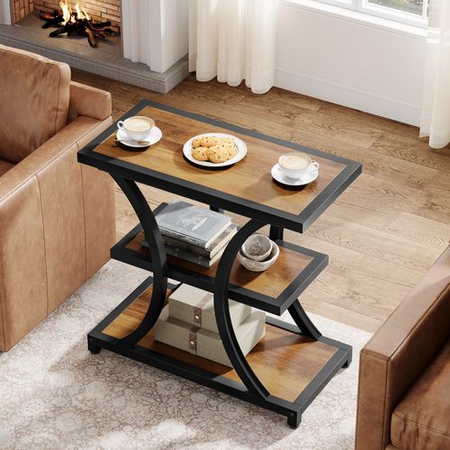 Table D'appoint Avec Rangement, Table Basse à 3 Niveaux Avec Design Géométrique En Métal