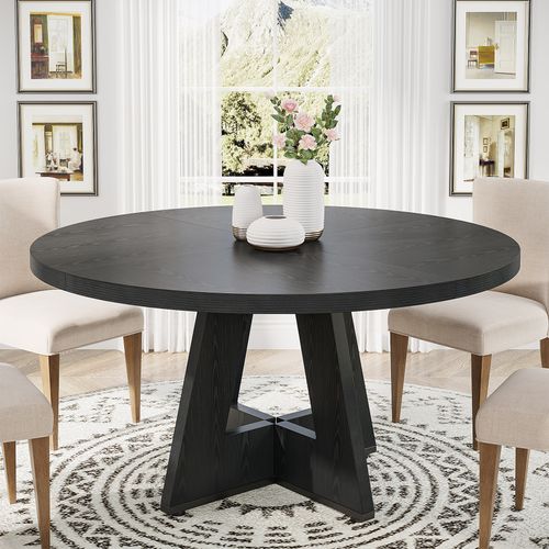 Table à Manger De Style Campagnard, Table Ronde De 120 Cm Pour 4 Personnes, Noire