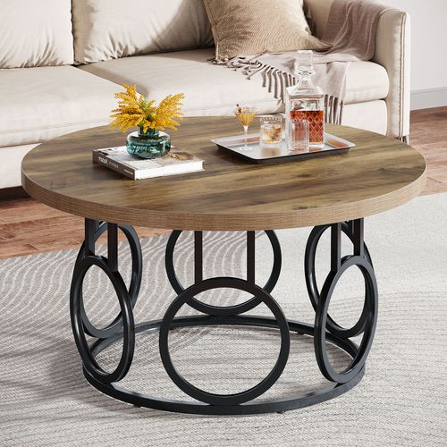 Table Basse Ronde De 80 Cm, Table Basse Circulaire Avec Base En Métal, Meuble D'appoint Industriel