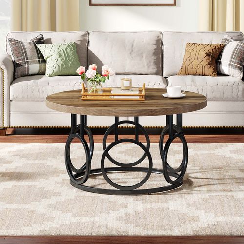 Table Basse Ronde De 80 Cm, Table Basse Circulaire Avec Base En Métal, Meuble D'appoint Industriel