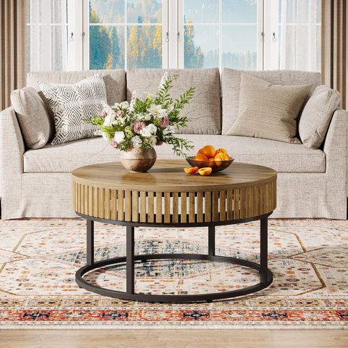 Table Basse Ronde De 80 Cm, Table Basse Ronde De Style Campagnard Pour Salon, Marron Clair