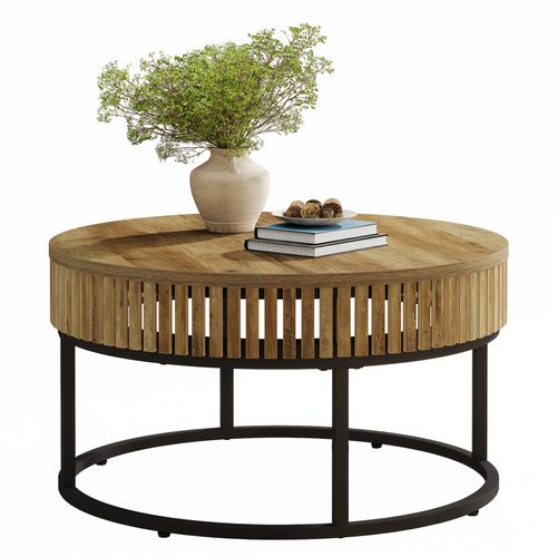 Table Basse Ronde De 80 Cm, Table Basse Ronde De Style Campagnard Pour Salon, Marron Clair