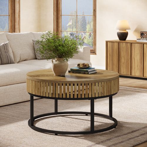 Table Basse Ronde De 80 Cm, Table Basse Ronde De Style Campagnard Pour Salon, Marron Clair