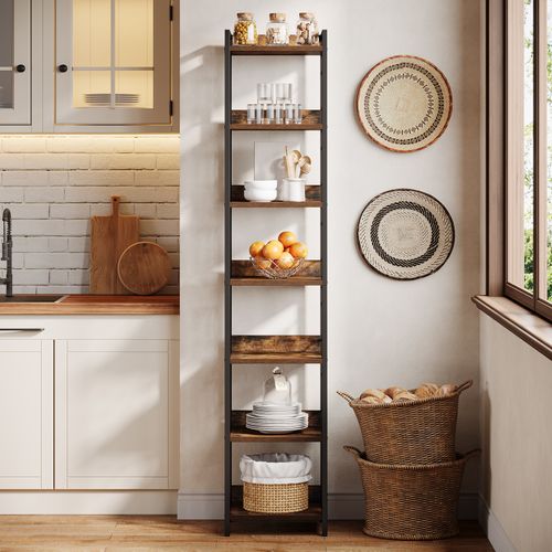 Étagère D'angle Haute à 7 Niveaux, Bibliothèque D'angle Étroite De 200 Cm Avec Structure Métallique