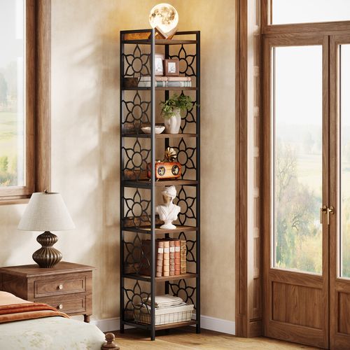 Étagère D'angle Haute à 7 Niveaux, Bibliothèque D'angle Étroite De 200 Cm Avec Structure Métallique