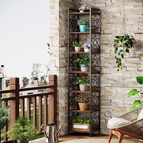 Étagère D'angle Haute à 7 Niveaux, Bibliothèque D'angle Étroite De 200 Cm Avec Structure Métallique