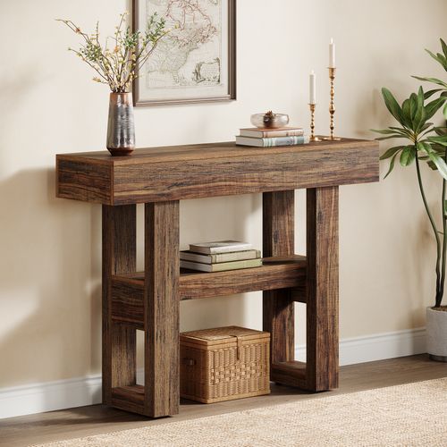 Console De Style Campagnard De 105 Cm, Table De Canapé Étroite à 2 Niveaux Derrière Le Canapé