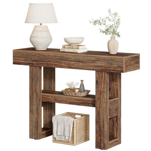 Console De Style Campagnard De 105 Cm, Table De Canapé Étroite à 2 Niveaux Derrière Le Canapé