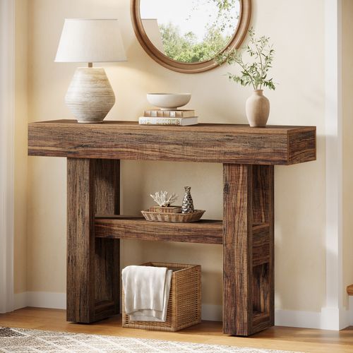 Console De Style Campagnard De 105 Cm, Table De Canapé Étroite à 2 Niveaux Derrière Le Canapé