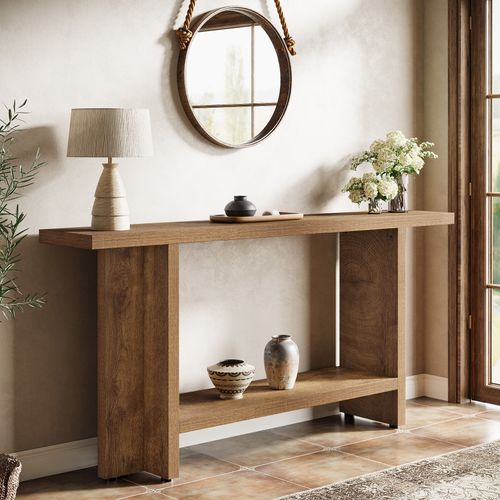 Console D'entrée De 150 Cm, Table De Canapé Longue Et Étroite à 2 Niveaux Derrière Le Canapé