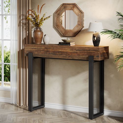 Console En Bois De 105 Cm Avec Rangement, Petite Table D'entrée Industrielle