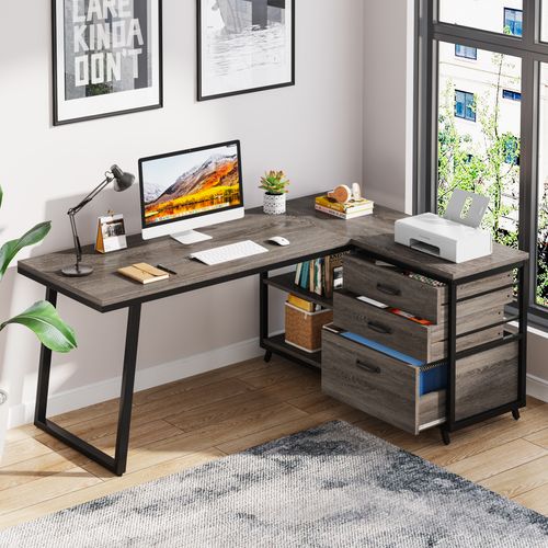 Bureau D'angle Réversible En L Avec 3 Tiroirs Classeurs