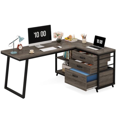 Bureau D'angle Réversible En L Avec 3 Tiroirs Classeurs