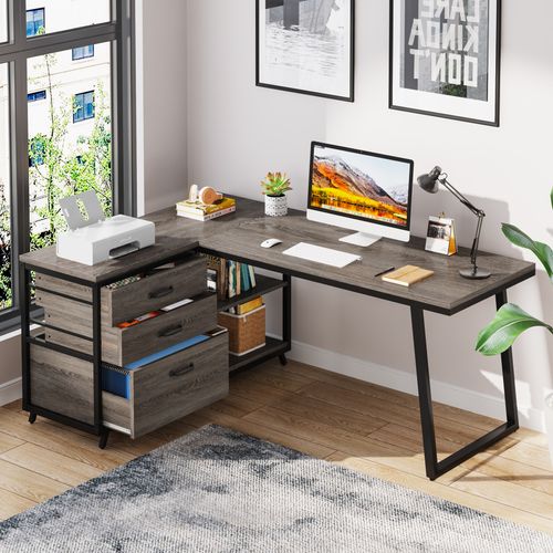 Bureau D'angle Réversible En L Avec 3 Tiroirs Classeurs