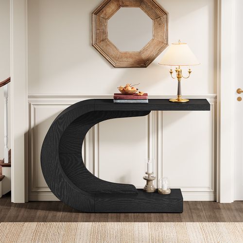 Console D'entrée De 110 Cm Avec Rangement, Table De Canapé Noire Unique En Forme De C