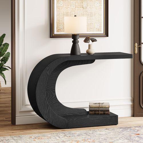 Console D'entrée De 110 Cm Avec Rangement, Table De Canapé Noire Unique En Forme De C