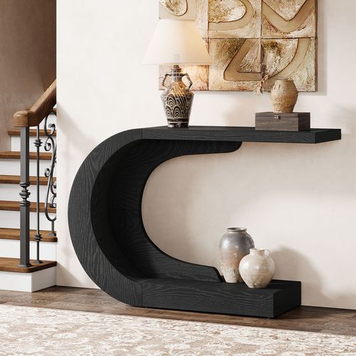 Console D'entrée De 110 Cm Avec Rangement, Table De Canapé Noire Unique En Forme De C