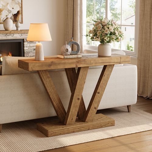 Console En Bois Massif, Table D'entrée De Style Ferme De 120 Cm Avec Base En V Double