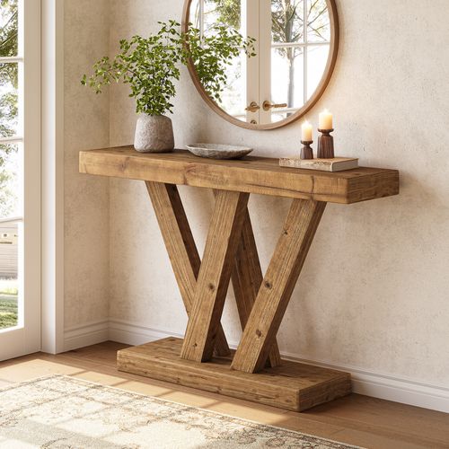 Console En Bois Massif, Table D'entrée De Style Ferme De 120 Cm Avec Base En V Double