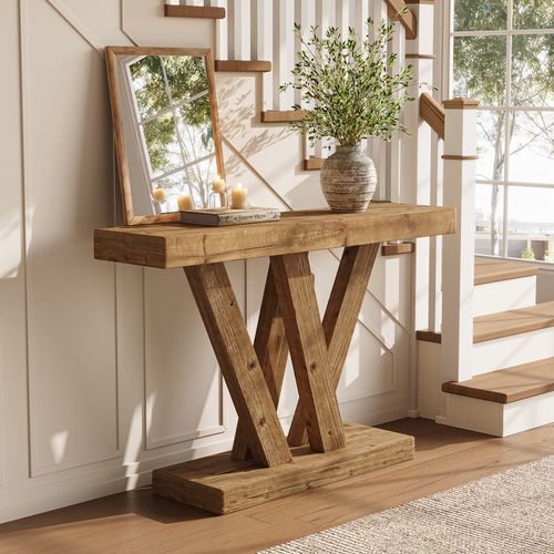 Console En Bois Massif, Table D'entrée De Style Ferme De 120 Cm Avec Base En V Double