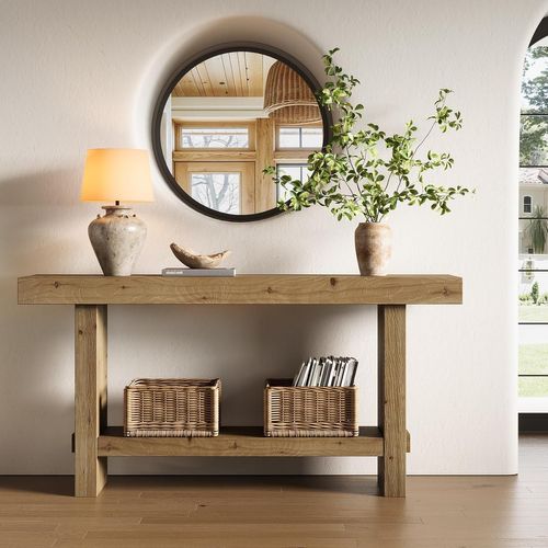 Table Console En Bois Massif De 160 Cm, Table D'entrée Étroite à 2 Niveaux Pour Couloir, Entrée