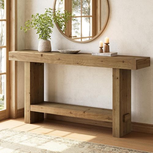 Table Console En Bois Massif De 160 Cm, Table D'entrée Étroite à 2 Niveaux Pour Couloir, Entrée