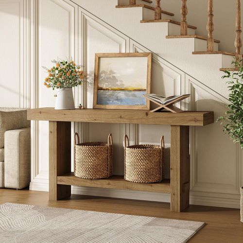 Table Console En Bois Massif De 160 Cm, Table D'entrée Étroite à 2 Niveaux Pour Couloir, Entrée